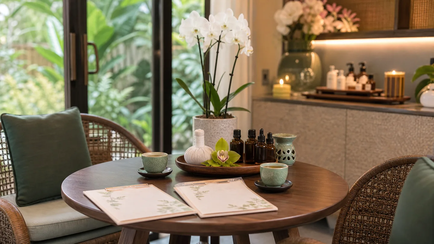 Thai spa consultation table with tea and aromatherapy samples