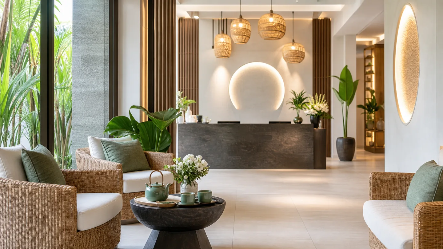 Modern Thai spa reception lounge with plants and natural materials